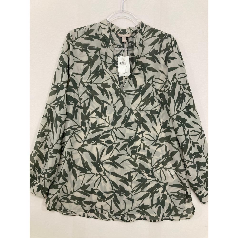 New Banana Republic Blouse Large Green Leaf Print V-Neck Sheer Long Sleeve - Picture 2 of 11